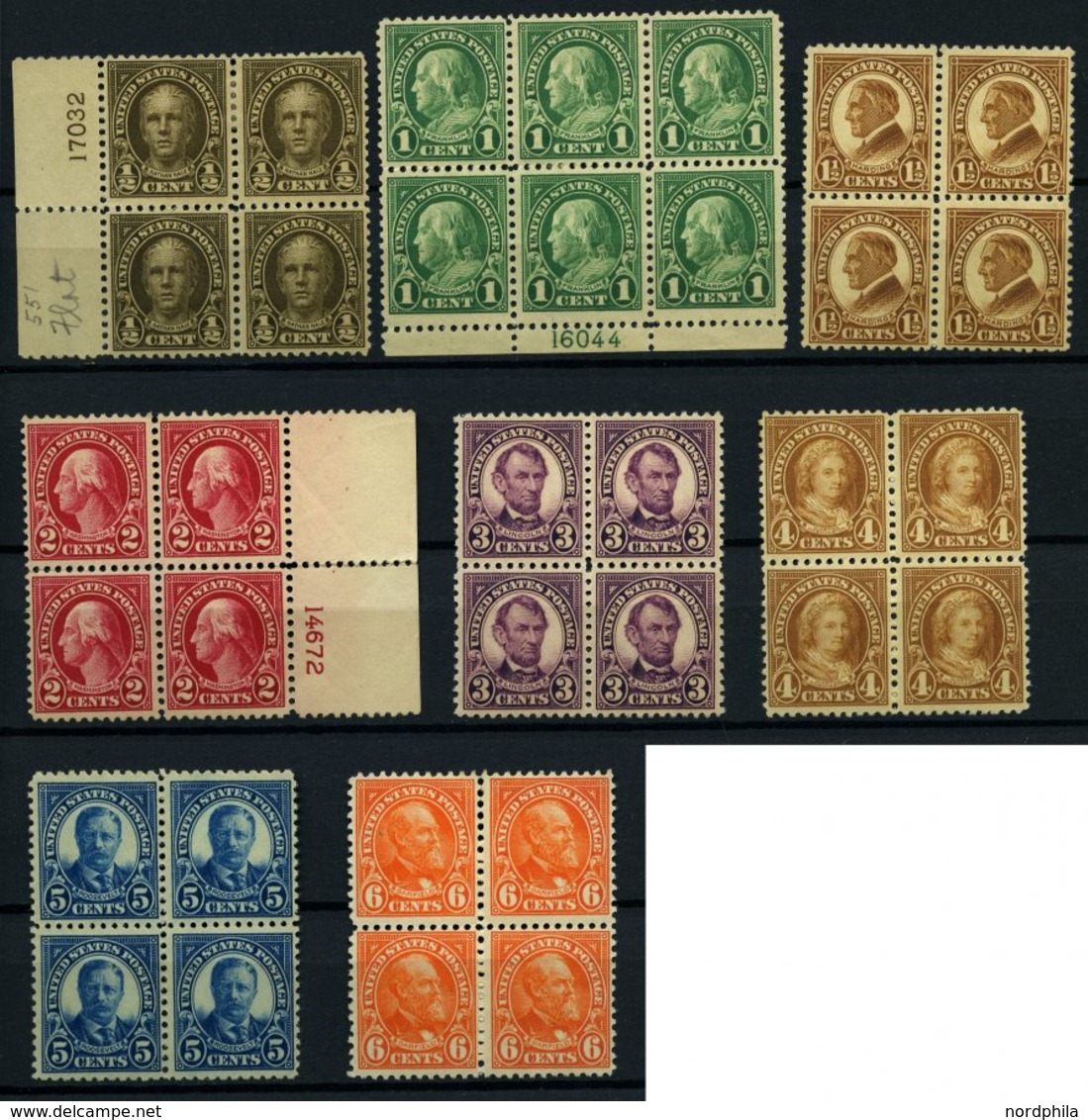 USA 259-68A VB **,* , Scott 551-58, 1922-25, 1/2 C. - 6 C. Bedeutende Persönlichkeiten, Gezähnt L 11, 8 Viererblocks, Da - Gebraucht