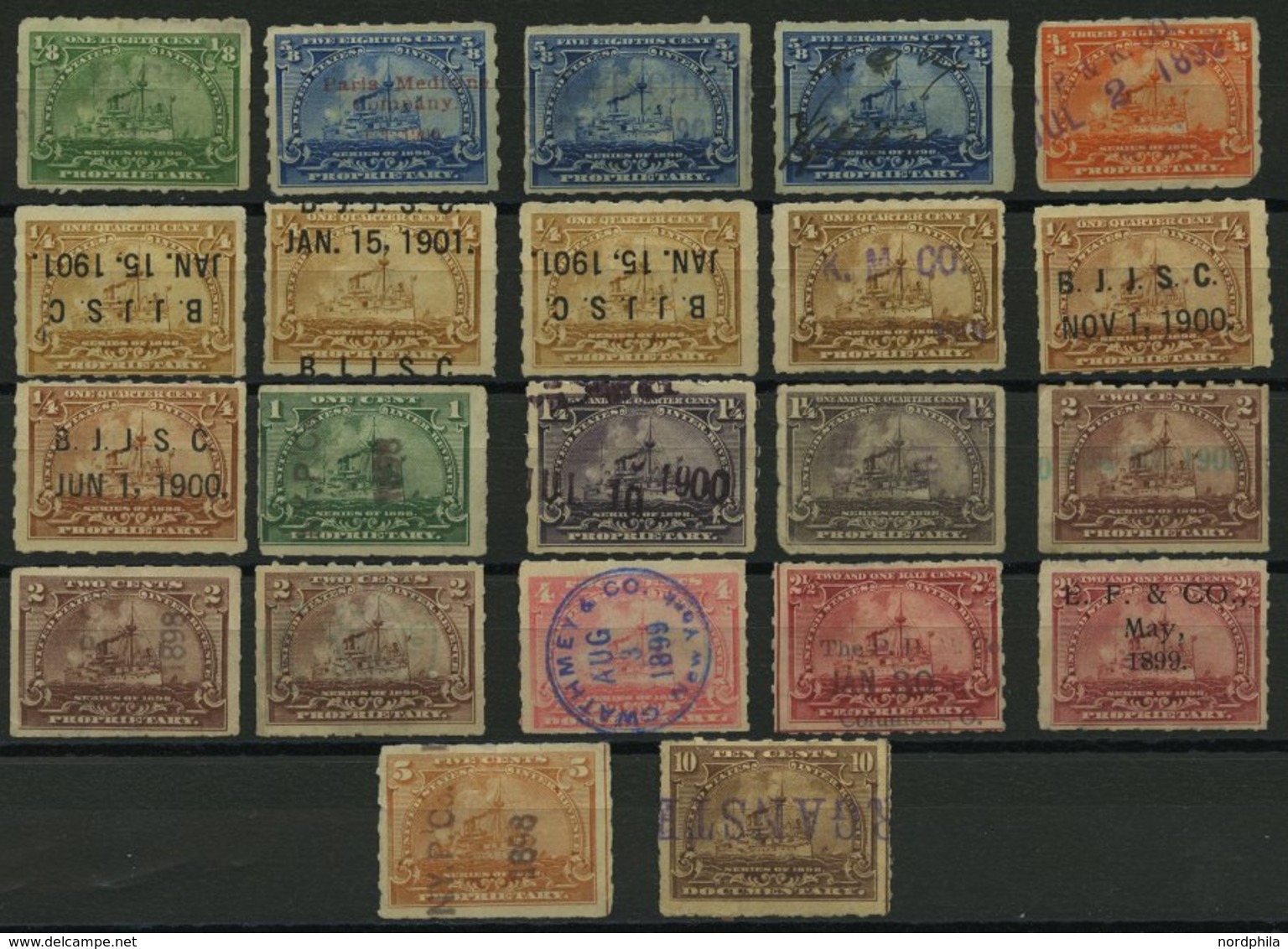 SAMMUNGEN, LOTS O,~ , Revenue- Und Proprietary: 1898-1901, 22 Verschiedene Werte Battleship, Etwas Unterschiedlich - Used Stamps