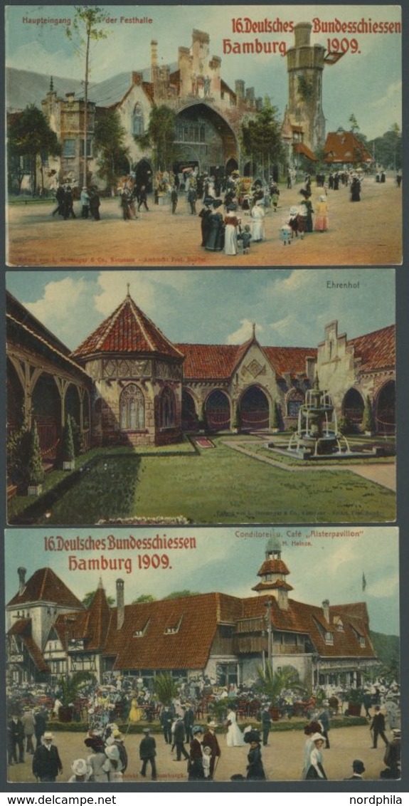 DEUTSCHLAND ETC. HAMBURG, 16. Deutsches Bundesschiessen Hamburg 1909, 3 Offizielle Farbige Ansichtskarten, 2x Mit Sonder - Sonstige & Ohne Zuordnung