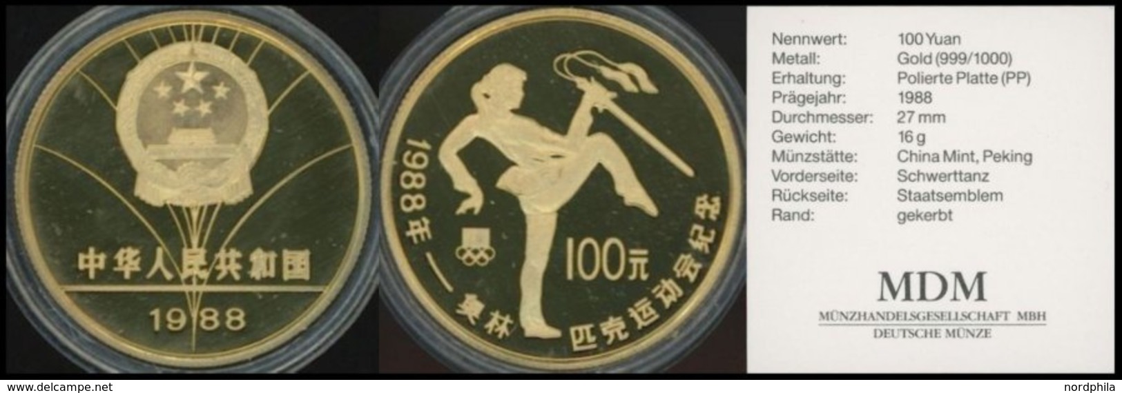 MÜNZEN China: 1988, 100 Yuan Goldmünze Olympiade Seoul Schwerttänzerin, PP - Sonstige & Ohne Zuordnung