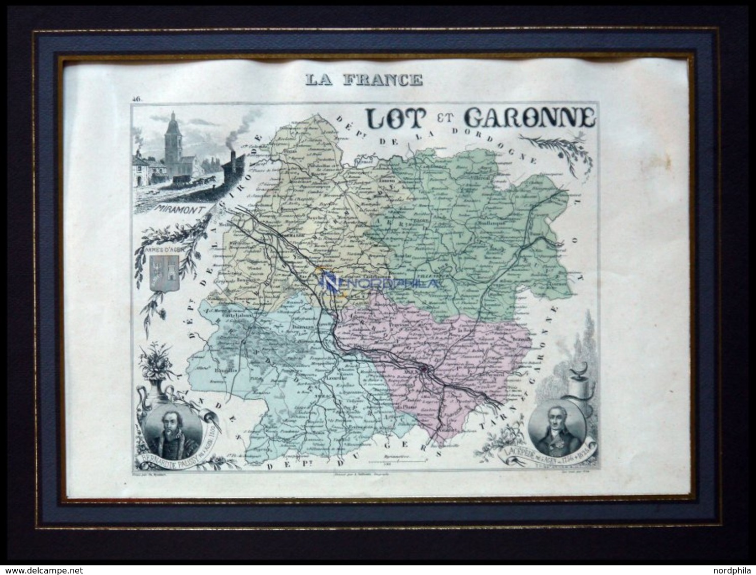 Departement Lot-et-Garonne Mit Teilansicht Von Miramont Und Dekorativer Personenstaffage, Farbiger Stahlstich Von M. Vui - Sonstige & Ohne Zuordnung