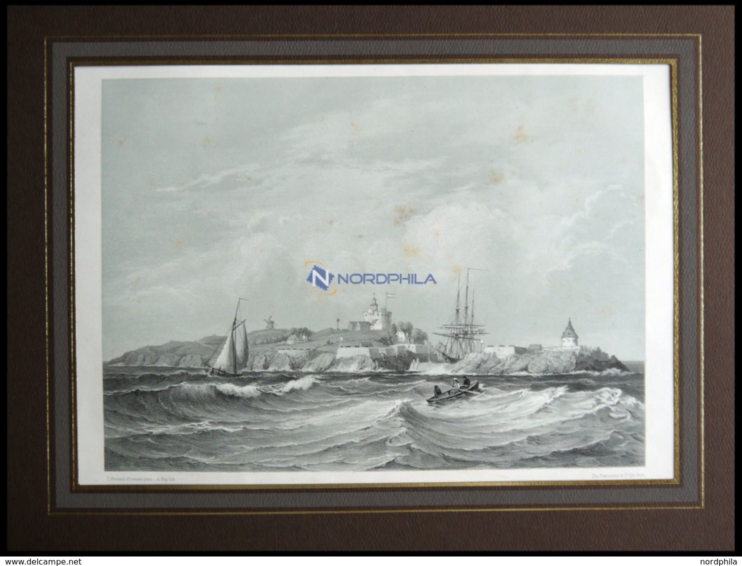 CHRISTIANSÖ (Christiansö), Gesamtansicht Vom Meer Aus Gesehen, Lithographie Mit Tonplatte Von Alexander Nay Nach C. Fred - Lithographien