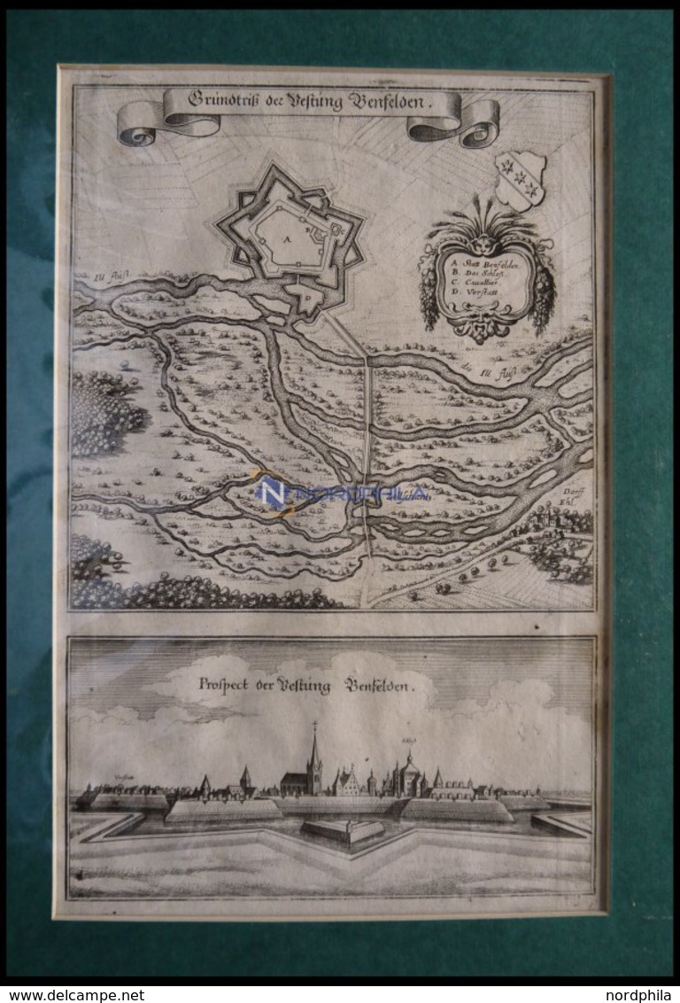BENEFELD/ELS., Grundriß Und Gesamtansicht, 2 Ansichten Auf Einem Blatt, Kupferstich Von Merian Um 1645 - Lithographien