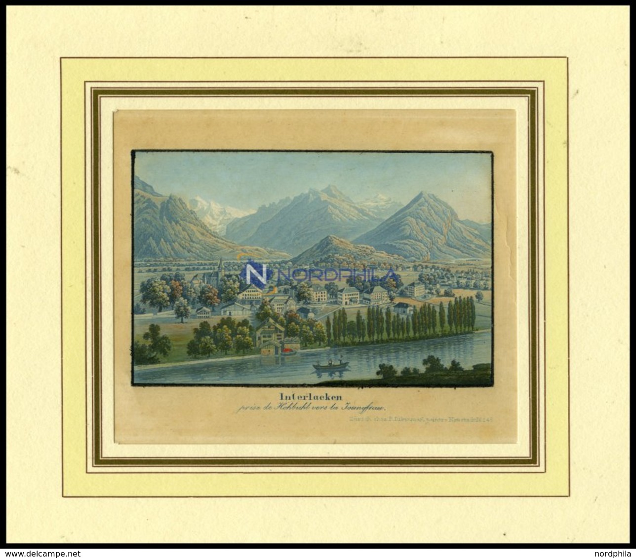 INTERLAKEN Mit Der Jungfrau, Altkolorierter Radierung Um 1820, Bei Diekenmann, Zürich - Lithographien