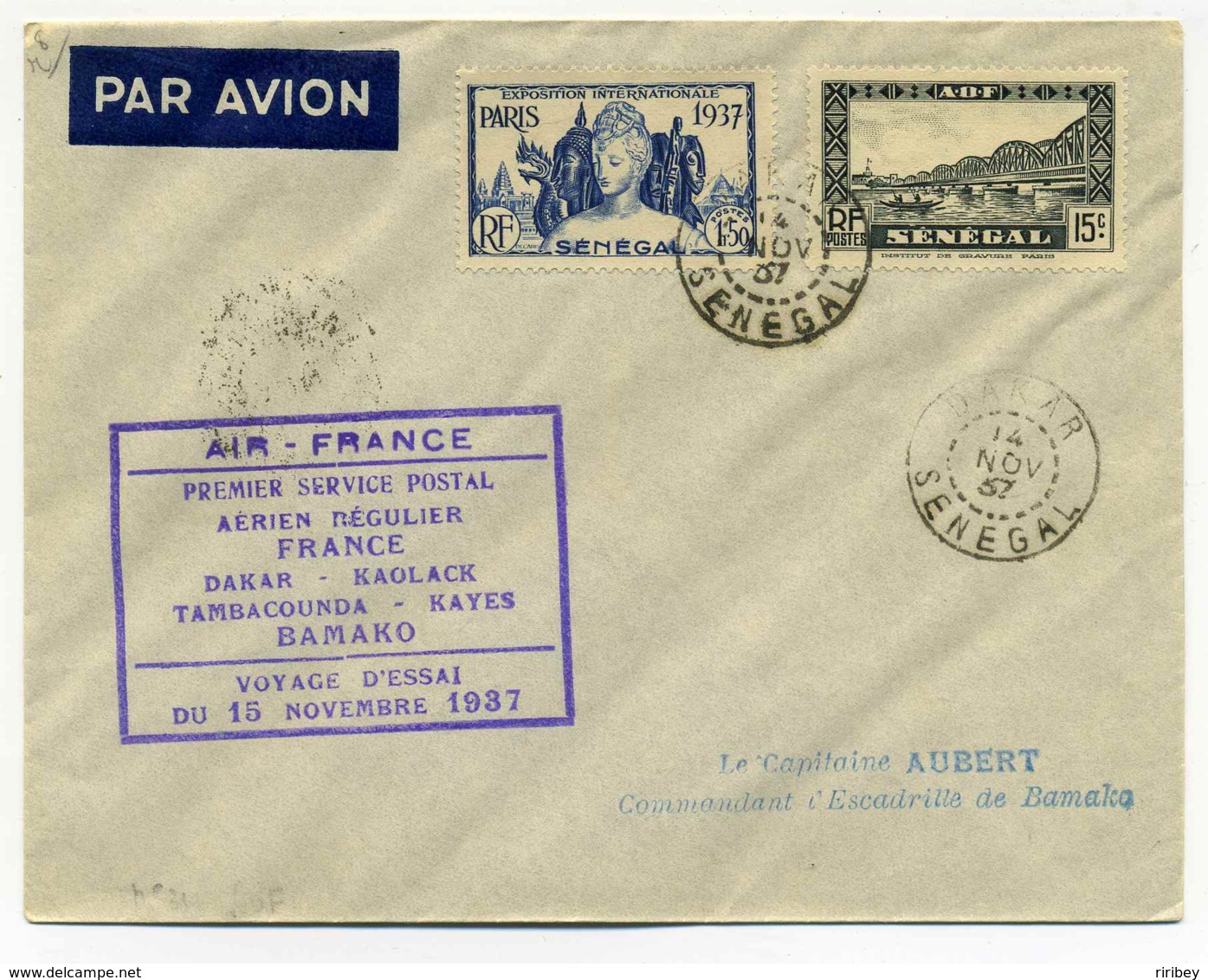 AIR FRANCE : 1ere Lisaison  DAKAR KAOLAC TAMBACOUNDA KAYES BAMAKO /  Voyage D'essai 15/11/1937 - 1960-.... Covers & Documents