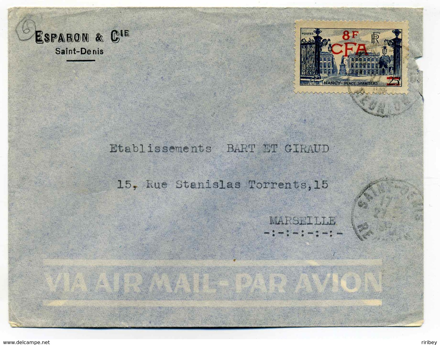 Lettre De SAINT DENIS DE LA REUNION / TP Place Stanislas NANCY  Surchargé CFA 8F - Storia Postale