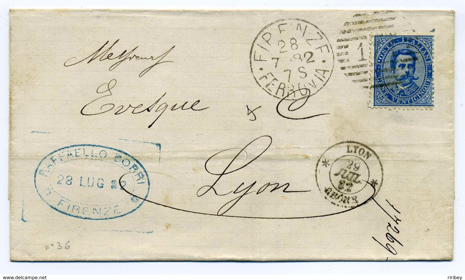 Lettre De FIRENZE + Cachet Entrée *LYON* RHONE  / 1882 /  Cachet Ferroviaire / TP YT N°36 - 1877-1920: Semi Modern Period