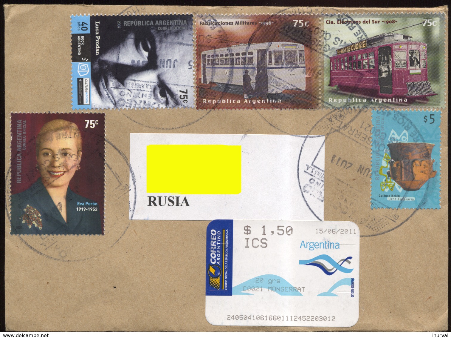 Argentina 2011. Registered Mail. 5 Stamps: 2 Trams, 2 Persons - Eva Peron And Luca Prodan - Covers & Documents