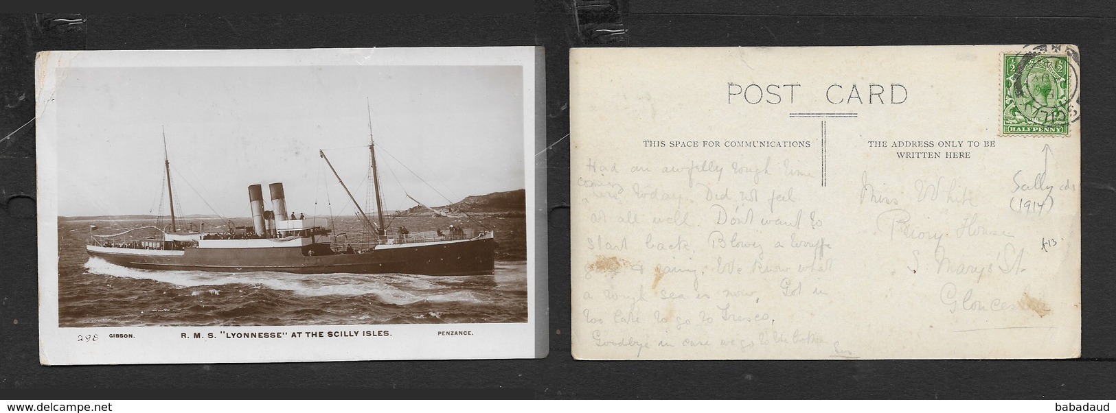 R.M.S.LYONESSE AT THE SCILLY ISLES. Used , 1/2d, SCILLY 28 JY 14 C.d.s. - Brieven En Documenten