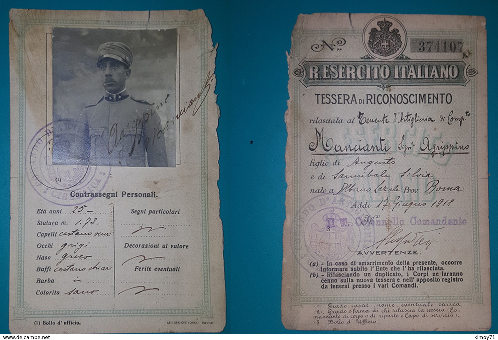 Tessera Di Riconoscimento R. Esercito Italiano 1918 - Collezioni