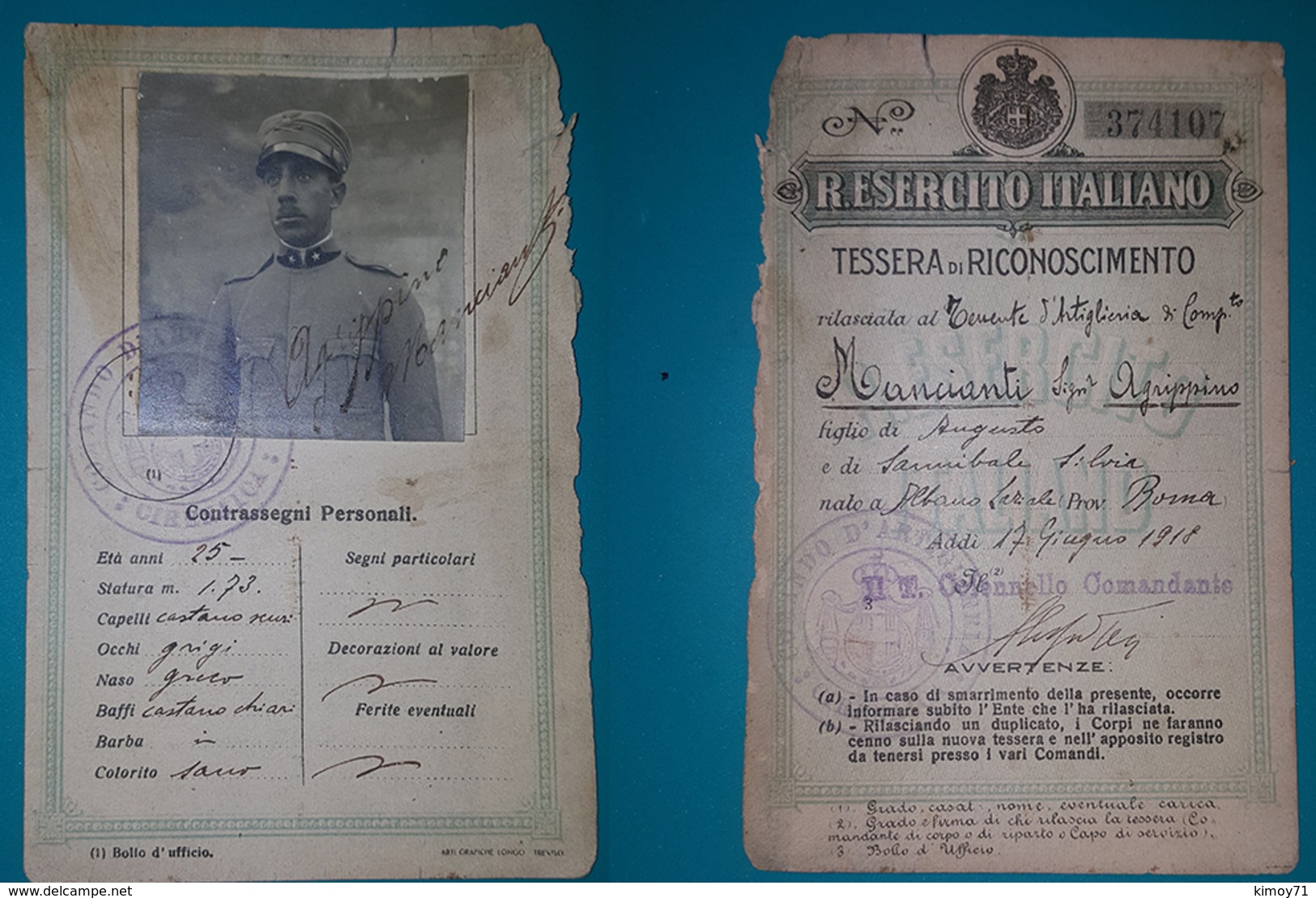 Tessera Di Riconoscimento R. Esercito Italiano 1918 - Collections