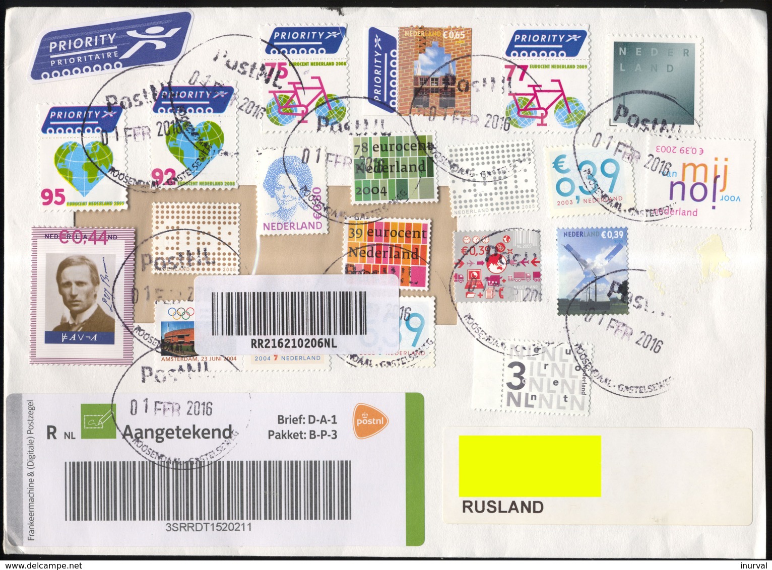 Netherlands 2016. Registered Mail. 20 Different Stamps. Look Scan Of Cover. - Storia Postale