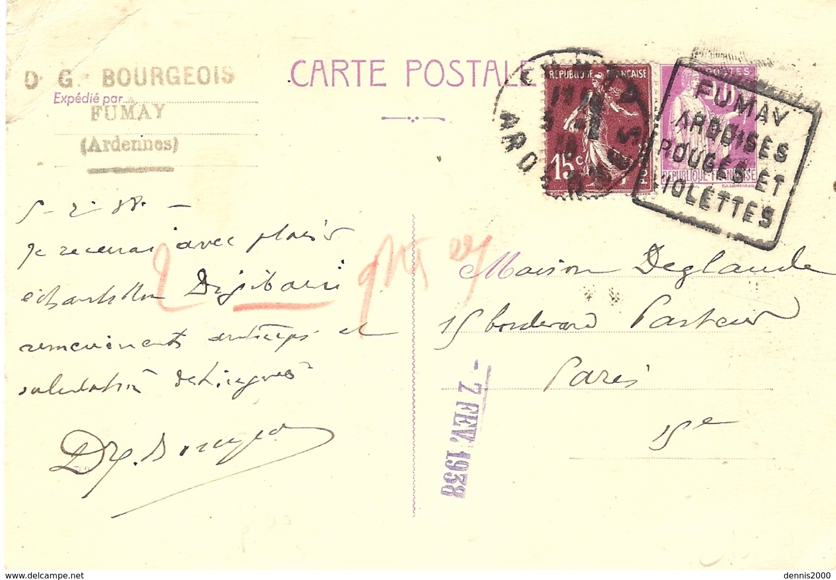 C P  De Fumay ( Ardennes ) Affr. 15 C Semeuse Annulée DAGUIN " FUMAY /ardoises /rouges Et . Violettes - 1921-1960: Période Moderne