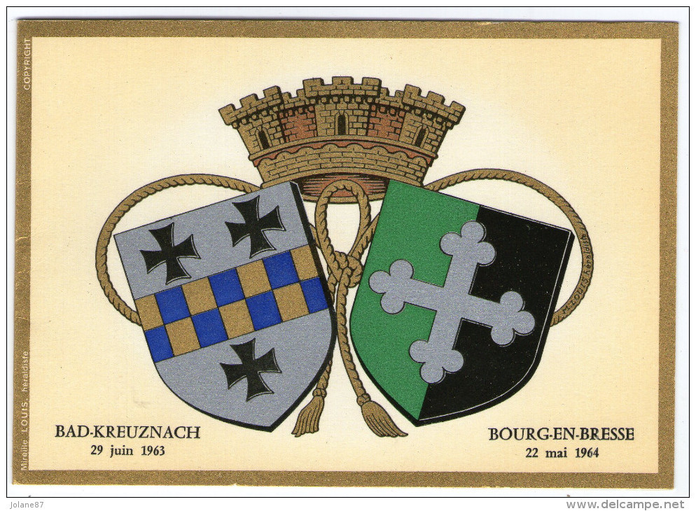 CPM     BLASONS ARMOIRIES     BAD KREUZNACH      BOURG EN BRESSE  JUMELAGE DES VILLES - Characters