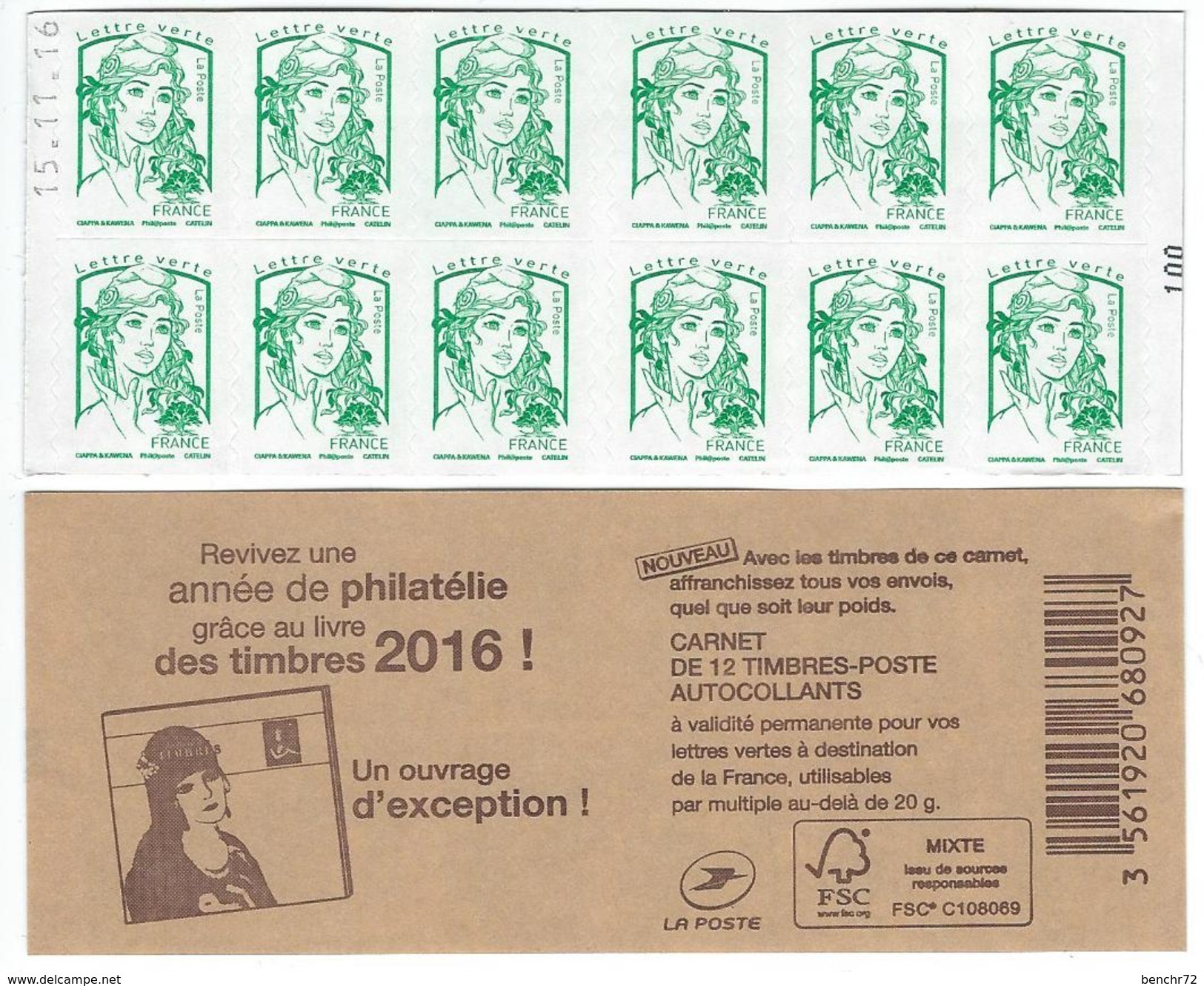 CARNET 12TP CIAPPA - TVP LV -  LIVRE DES TIMBRES 2016 - DATE 15 11 2016 - TIMBRES VERT CLAIR - NEUF - NON PLIE - Libretti