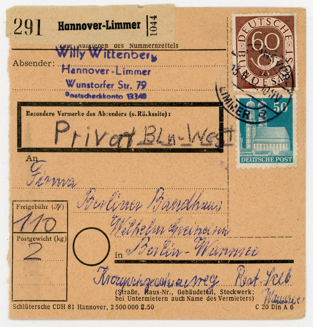"Hannover-Limmer" Paketkarte Mit Posthorn-Bauten MIF - Briefe U. Dokumente