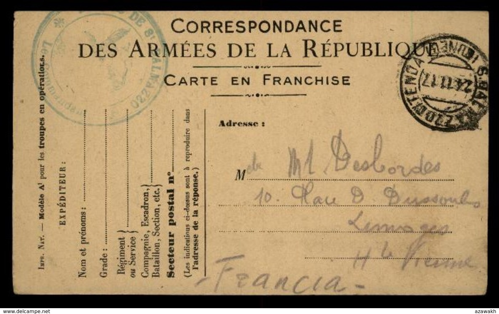 Carte En Franchsie Correspondance Des Armées #02238 - Autres & Non Classés