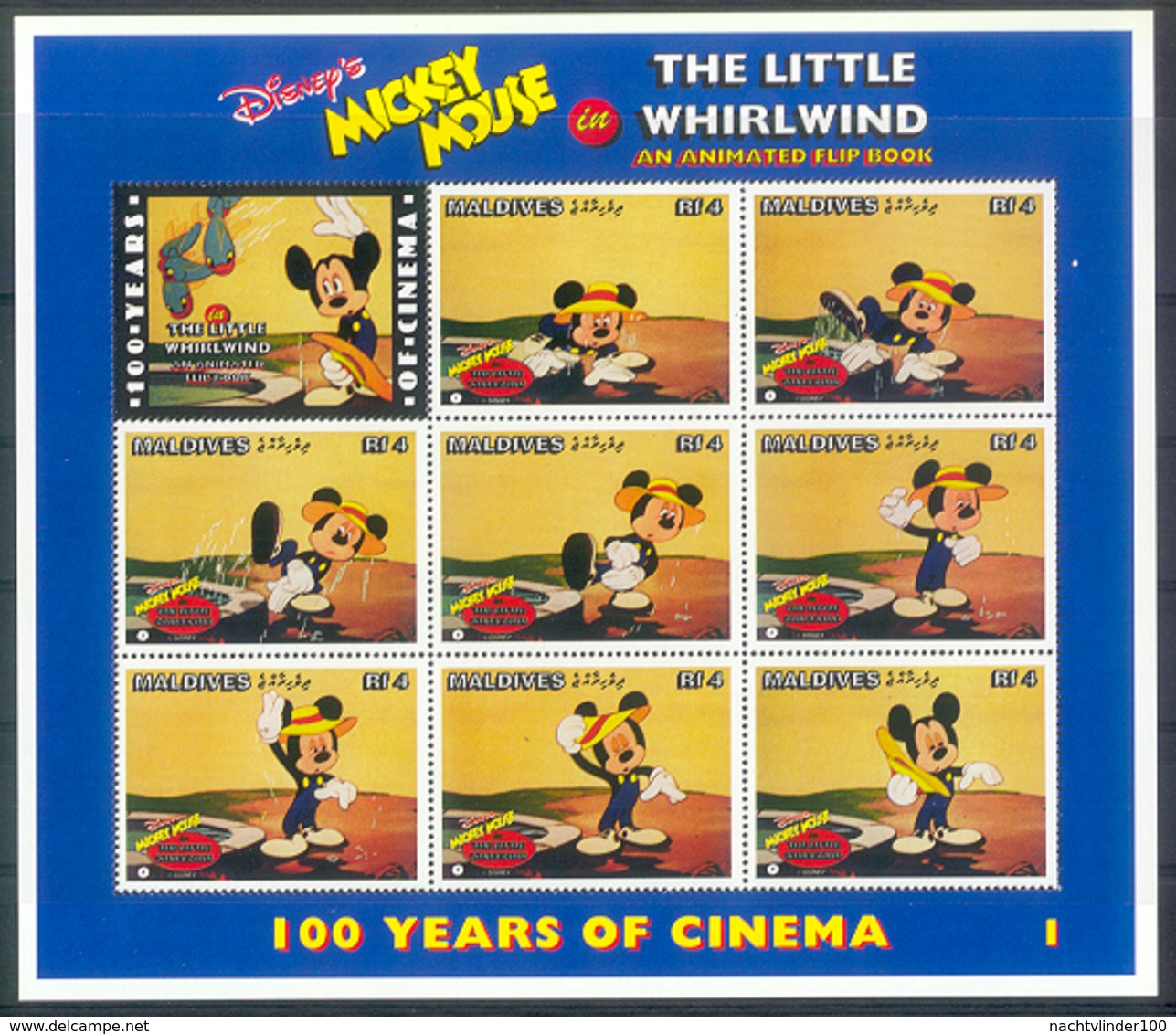 MylA309c WALT DISNEY MICKEY MOUSE THE LITTLE WHIRLWIND CINEMA FILM KINO ANIMATED FLIP BOOK MALDIVES 1996 PF/MNH # - Disney