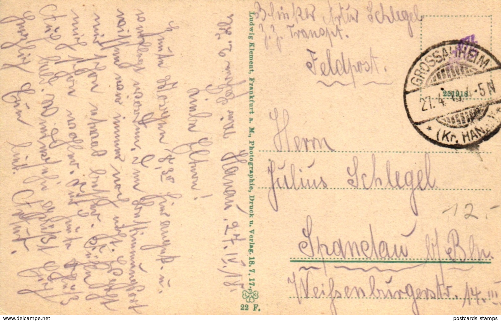 Hanau, Im Stadtschloßpark, Feldpost 1918 - Hanau