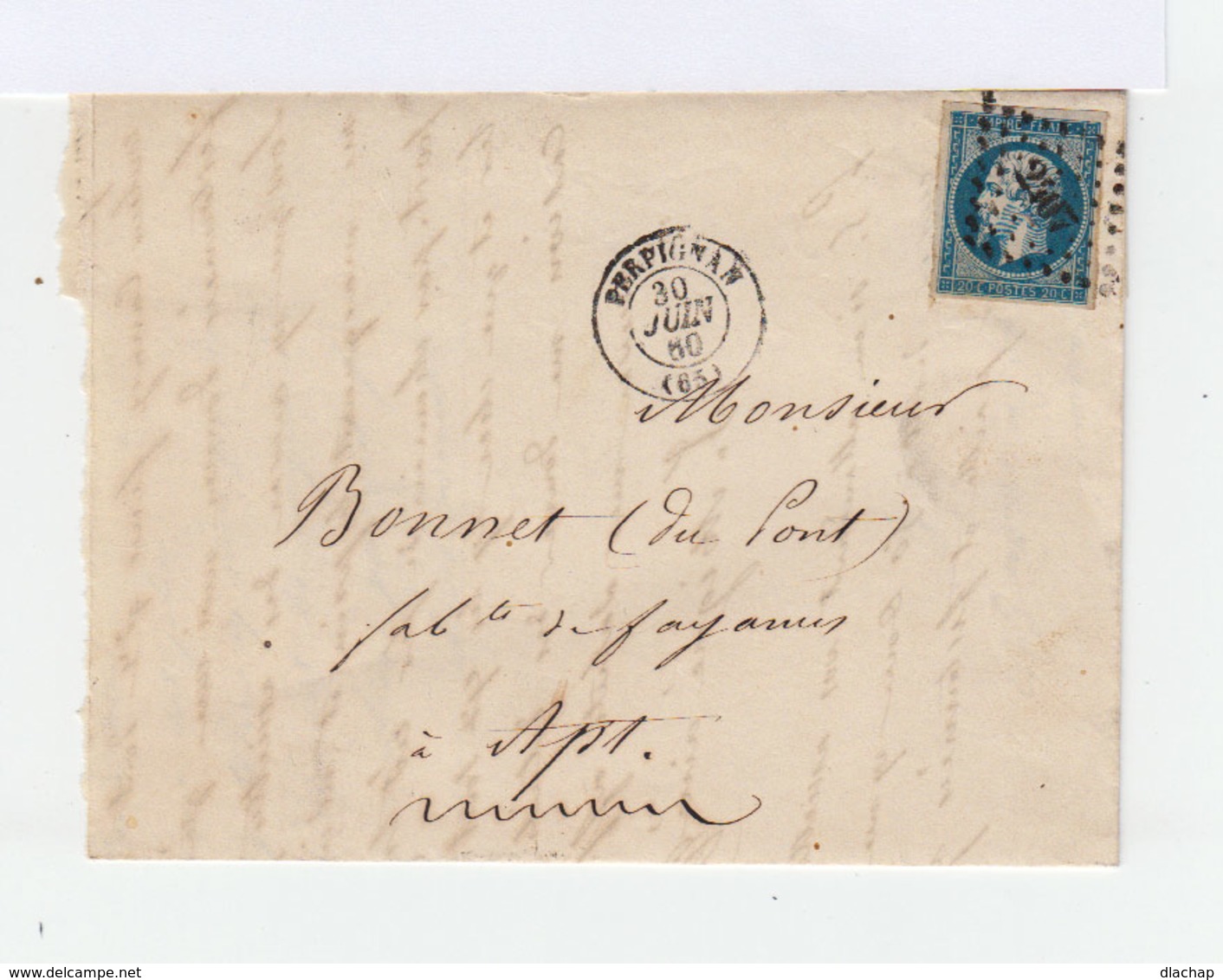 Sur Lettre Napoléon III 20 C. Bleu Empire Franc Oblitéré Losange. CAD Perpignan 1860. (835) - 1849-1876: Période Classique