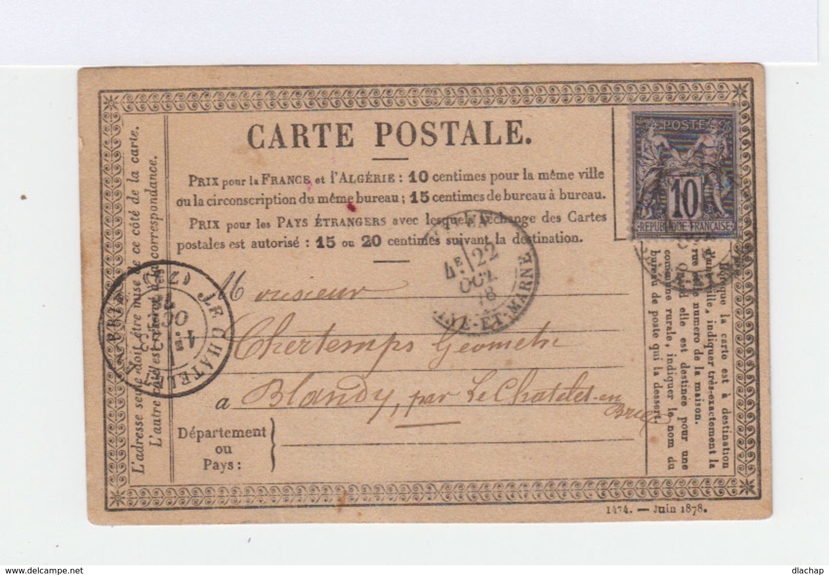 Sur Carte Postale Tipe Sage 10 C. Noir Et Lilas CAD Seine Et Marnes 1878. Destination: Blandy. (836) - 1877-1920: Période Semi Moderne