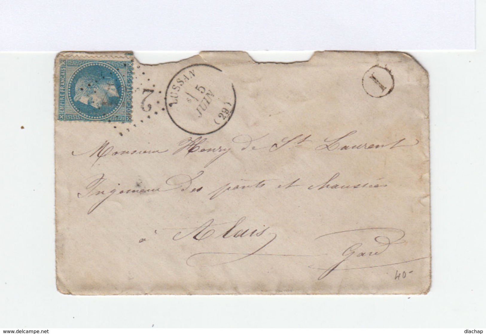 Sur Enveloppe Napoléon III Lauré Empire Français 20 C. Bleu Oblitéré Losange Gros Chiffres. CAD Lussan. (837) - 1849-1876: Période Classique