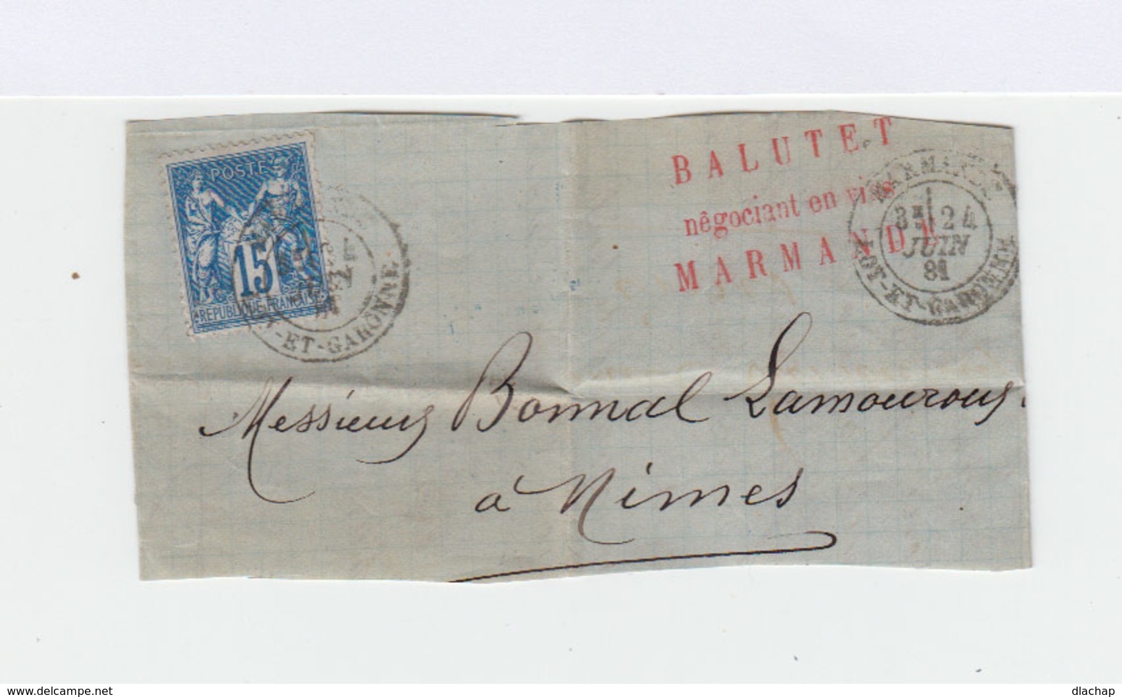 Sur Lettre Type Sage 15 C Bleu CAD Marmande 1881. Destination Nîmes. Cachet Ambulant. (838) - 1877-1920: Période Semi Moderne