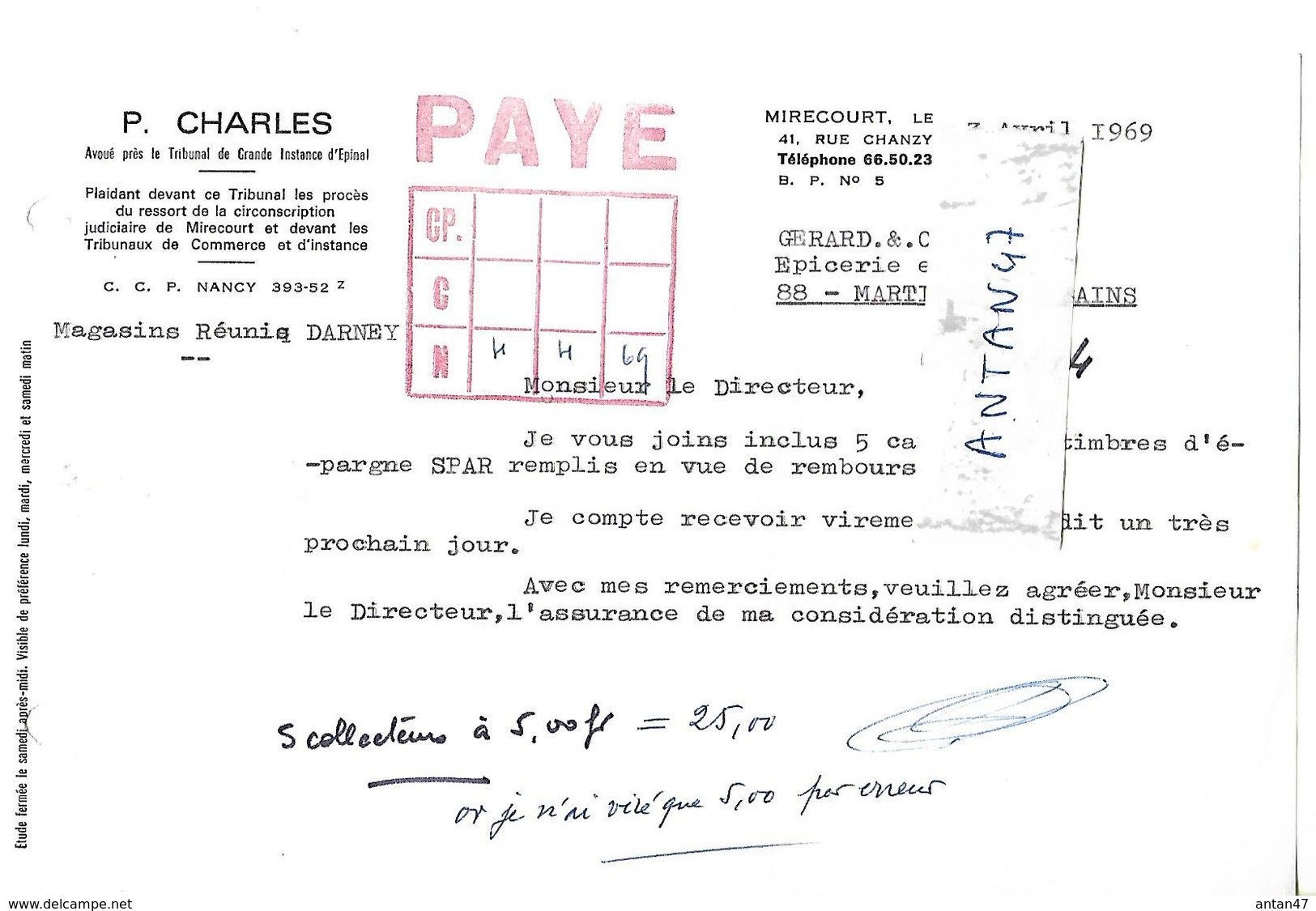 Facture 1/2 Format 1969 / 88 MIRECOURT / P. CHARLES / Avoué Tribunal Epinal - 1950 - ...