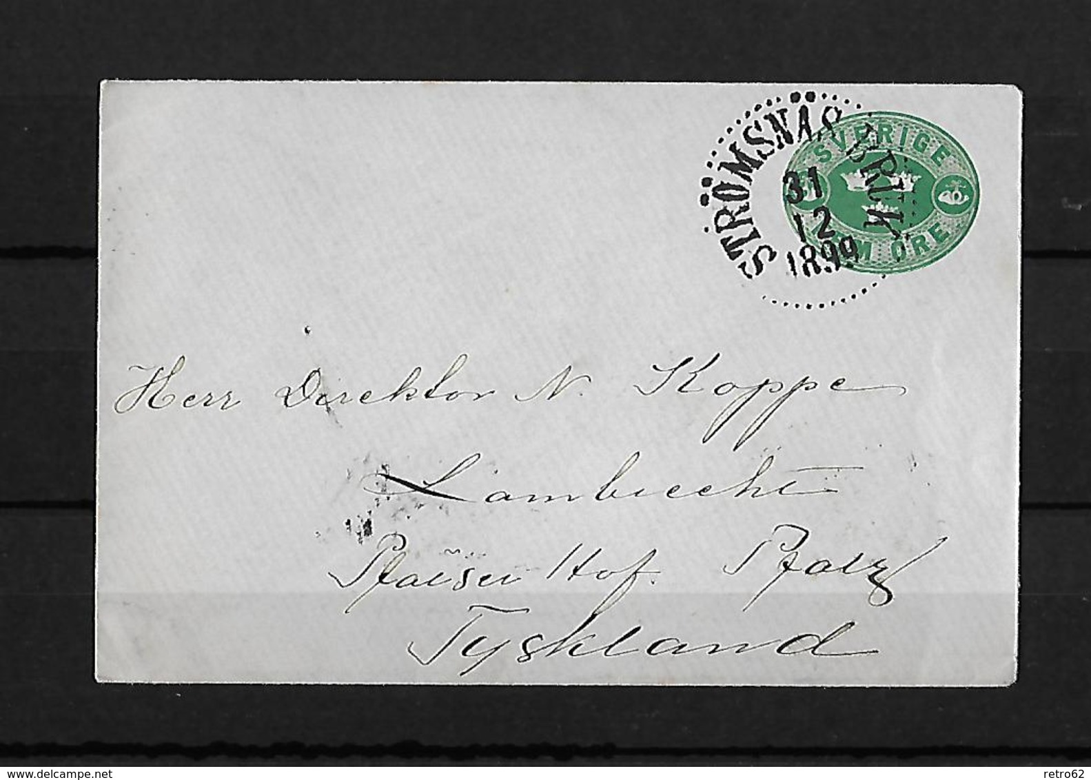 Sweden-1899 → 5 Ore Green Type 1 PS Letter Stromsnasbrik Cover To Germany - Entiers Postaux