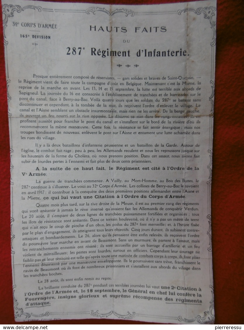 SOUVENIR DE LA FOURRAGERE REMISE AU 287 REGIMENT - Documents