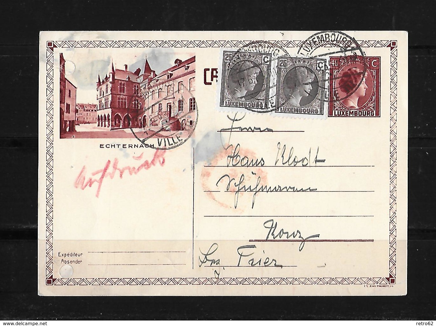 1935 Luxembourg → Uprated 40 C Brown "Tourist Series" PS Postcard To Germany - Enteros Postales