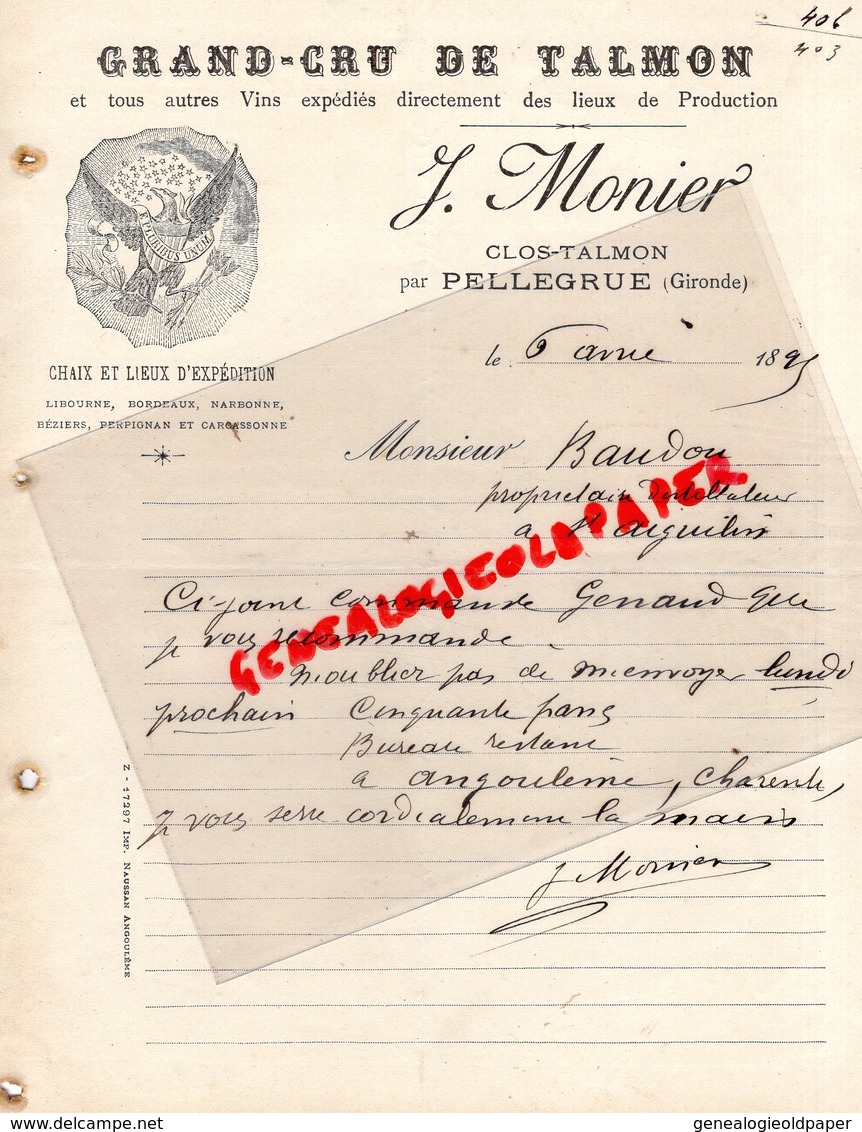 33-  33- CLOS TALMON PAR PELLEGRUE- RARE LETTRE MANUSCRITE SIGNEE J. MONIER GRAND CRU DE TALMON-1895 - 1800 – 1899