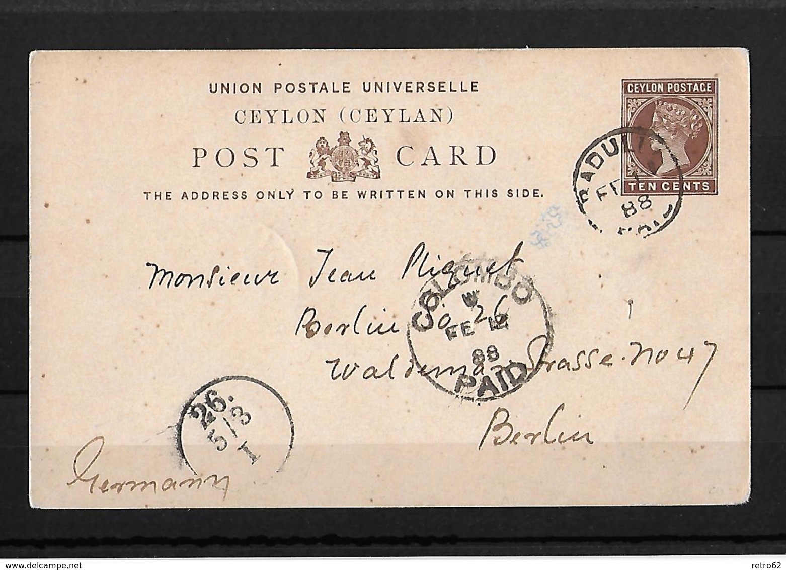 1888 Cwylon → 10 C Brown PS Postcard Badulla Cover To Berlin, Germany - Sri Lanka (Ceylan) (1948-...)