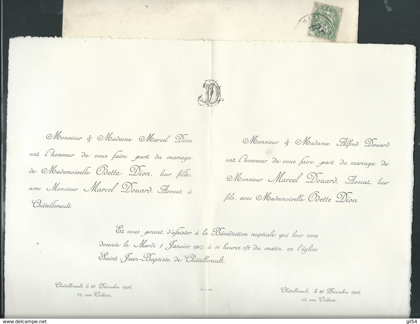 Chatellerault - F.P. Mariage De MLLE Odette Dion Avec M Marcel Douard , Avocat Le 25/12/1906   Fab 8505 - Wedding