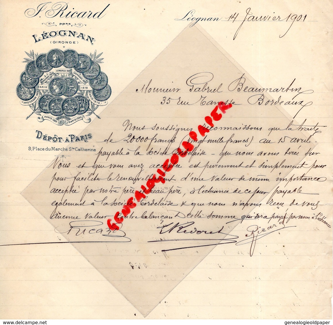 33-  LEOGNAN- RARE LETTRE MANUSCRITE SIGNEE J. RICARD- PROPRIETAIRE - DEPOT A PARIS PLACE MARCHE SAINTE CATHEDRINE-1901 - Artigianato