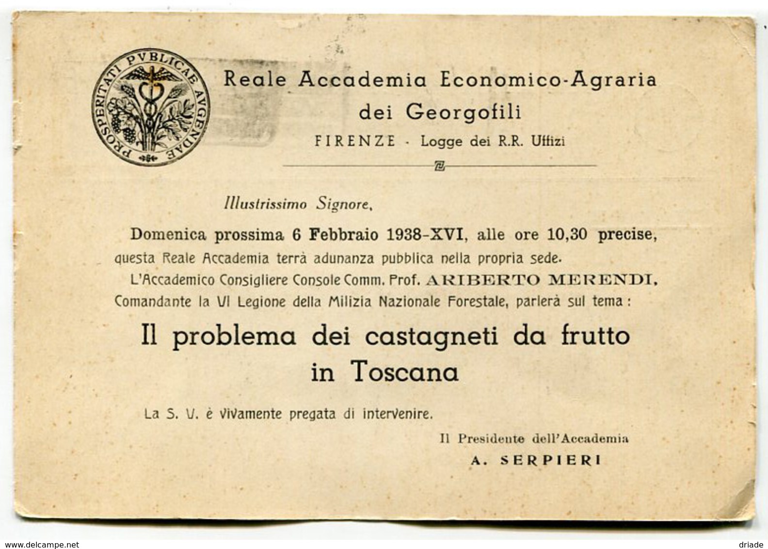 CARTOLINA INVITO REALE ACCADEMIA ECONOMICO AGRARIA DEI GEORGOFILI FIRENZE ANNO 1938 CASTAGNETI DA FRUTTO TOSCANA - Firenze (Florence)