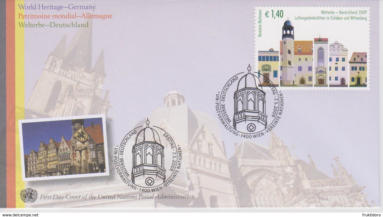 United Nations Vienna FDC Mi 598 World Heritage Sites - Germany - Luther Memorials In Eisleben And Wittenberg 2009 - FDC