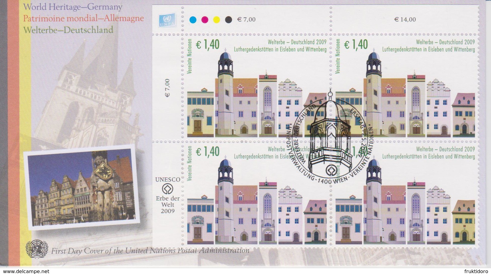 United Nations Vienna FDC Mi 598 World Heritage Sites - Germany - Luther Memorials In Eisleben And Wittenberg 2009 - 4Bl - FDC