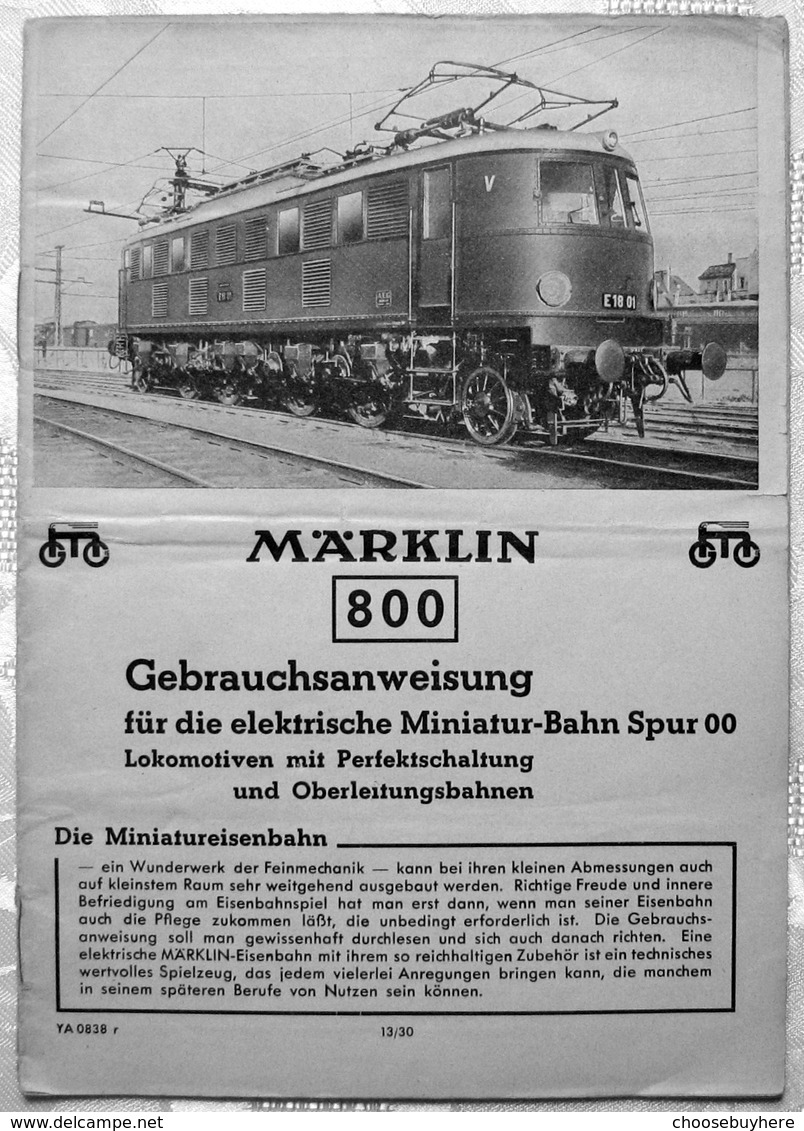 MÄRKLIN 800 Gebrauchsanleitung Modellbahn Spur 00 Historische Literatur 1938 - Locomotieven