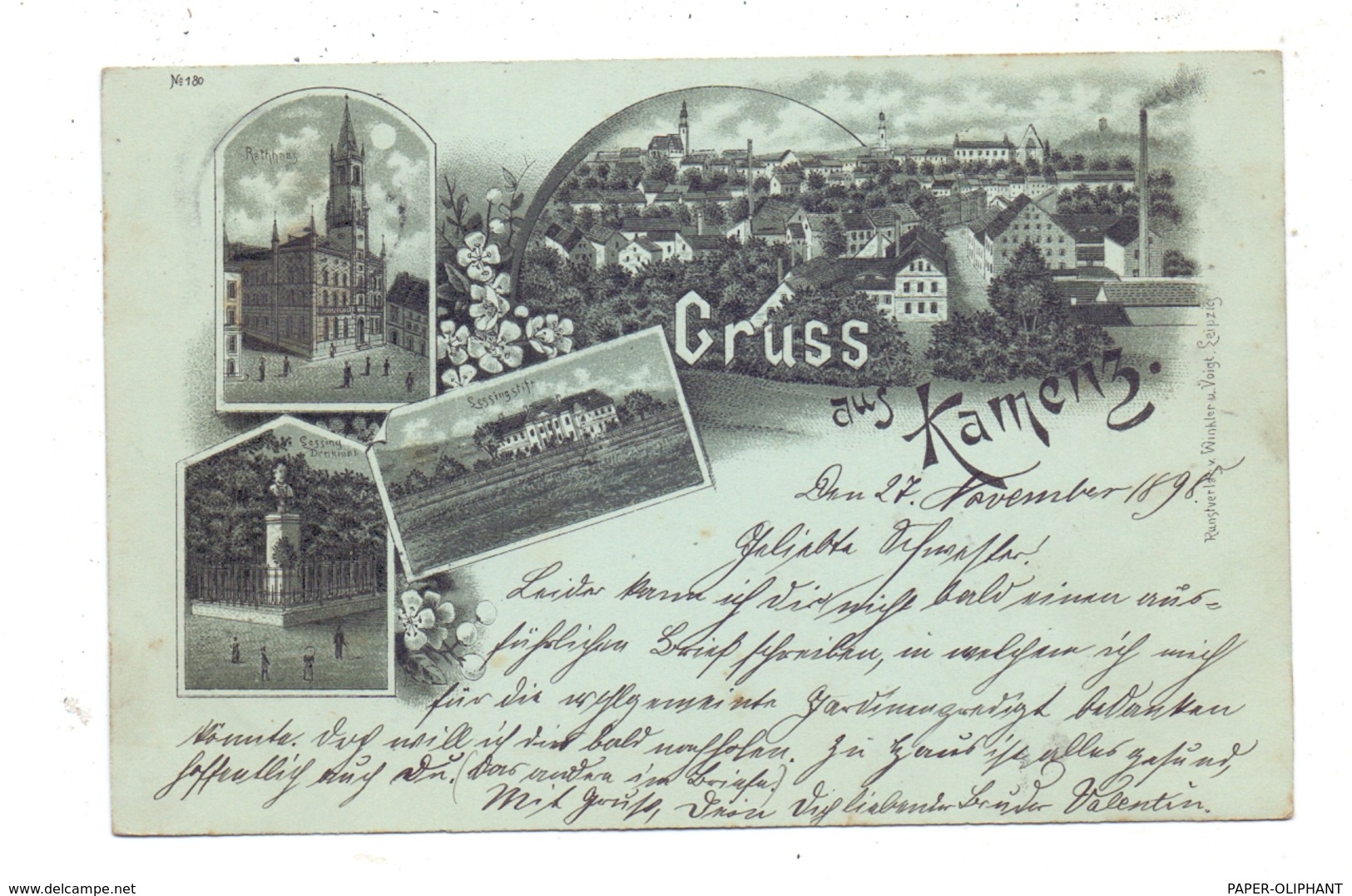0-8290 KAMENZ, Lithographie 1898, Lessingstift, Lessing Denkmal, Rathaus, Totalansicht - Kamenz