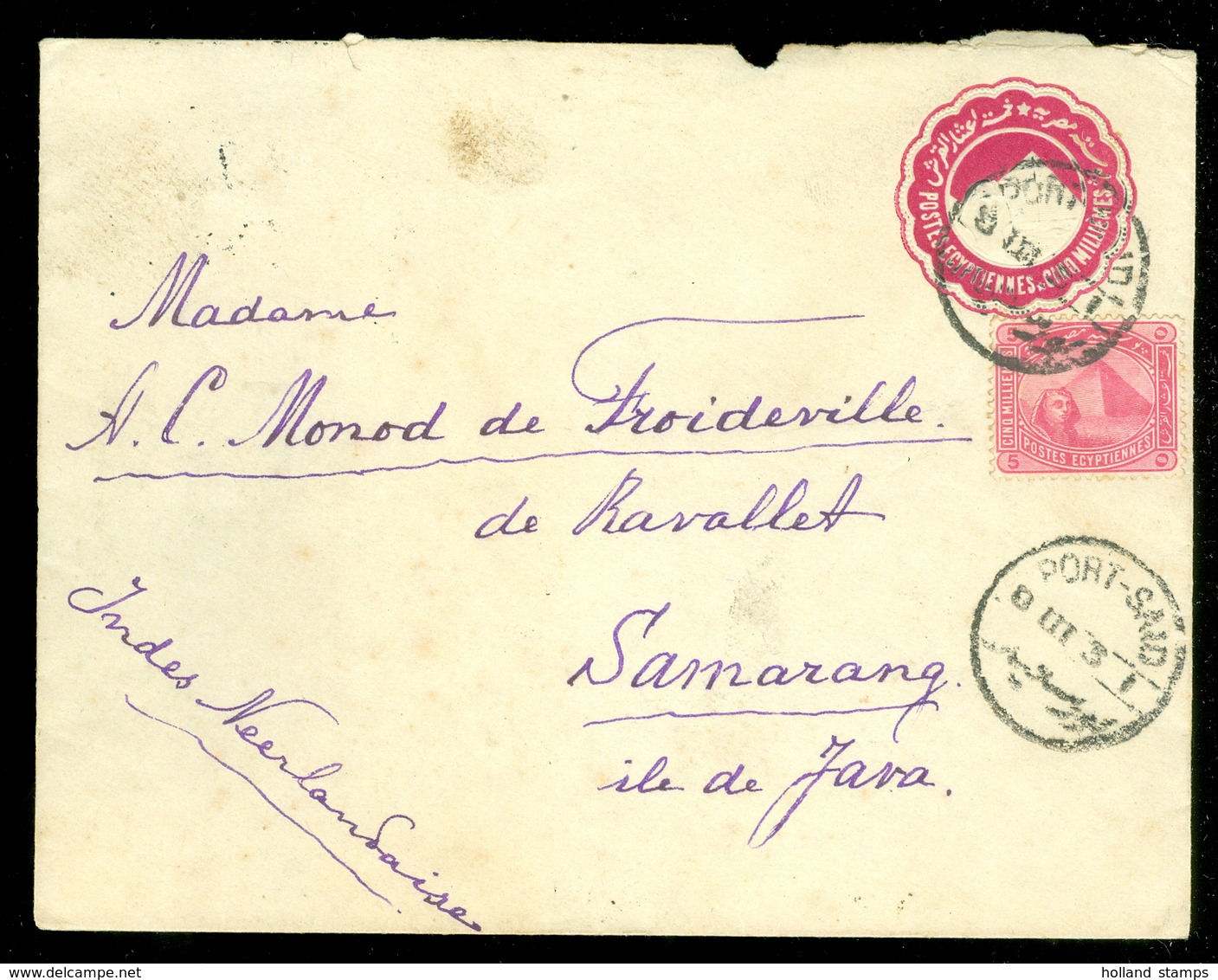 BRIEF EGYPTE Uit 1903 Via N-I.AGENT SINGAPORE Naar SEMARANG * NED. INDIE  * MONOD De FROIDEVILLE De RAVALLET  (11.456u) - 1866-1914 Khedivaat Egypte