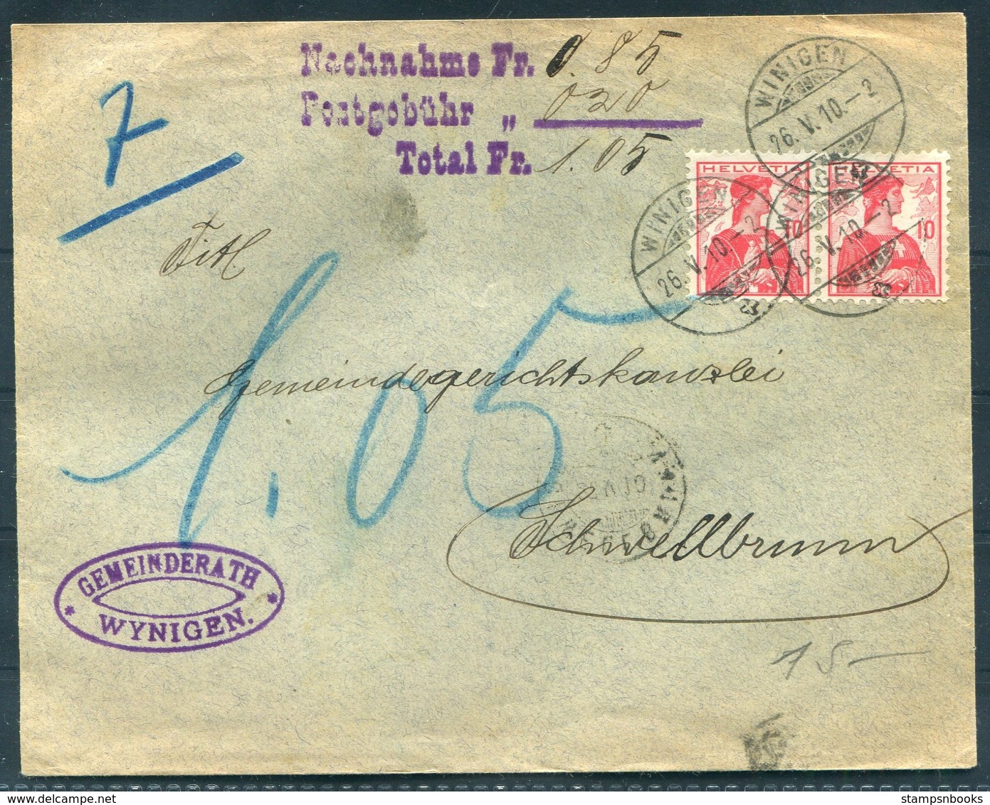 1910 Switzerland Gemeinderath Wynigen Cover - Schwellbraun Via Herisau. Nachnahme Postgobuhr - Lettres & Documents