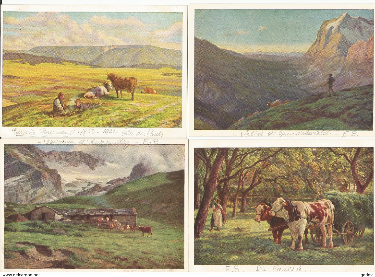 Carte Pro Juventute, Grindelwald, Vallée Des Ponts, Anzeindaz Et Attelage Par Eugène Burnand (5x 808) 10x15 - Peintures & Tableaux