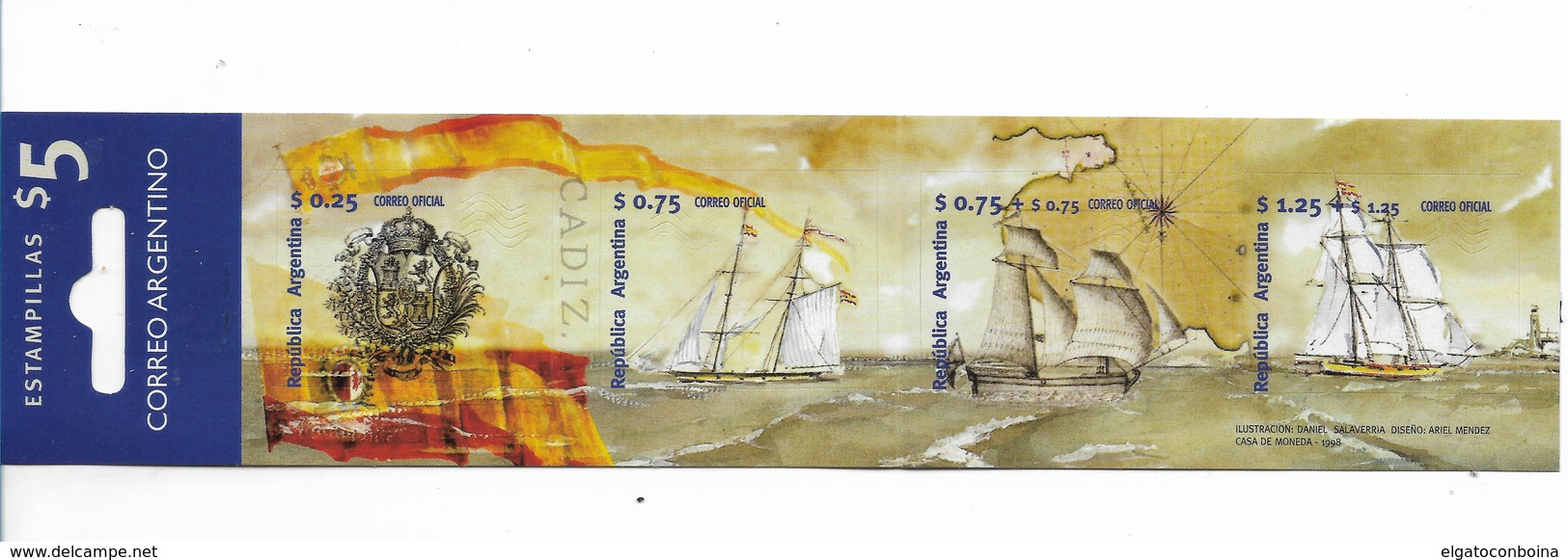 ARGENTINA 1998, ESPAMER 98, PHILATELIC INTERNATIONAL EXIBITION SHIPS, 4 SELF ADHESIVE STAMPS IN BOOKLET, SC 2030a - Neufs