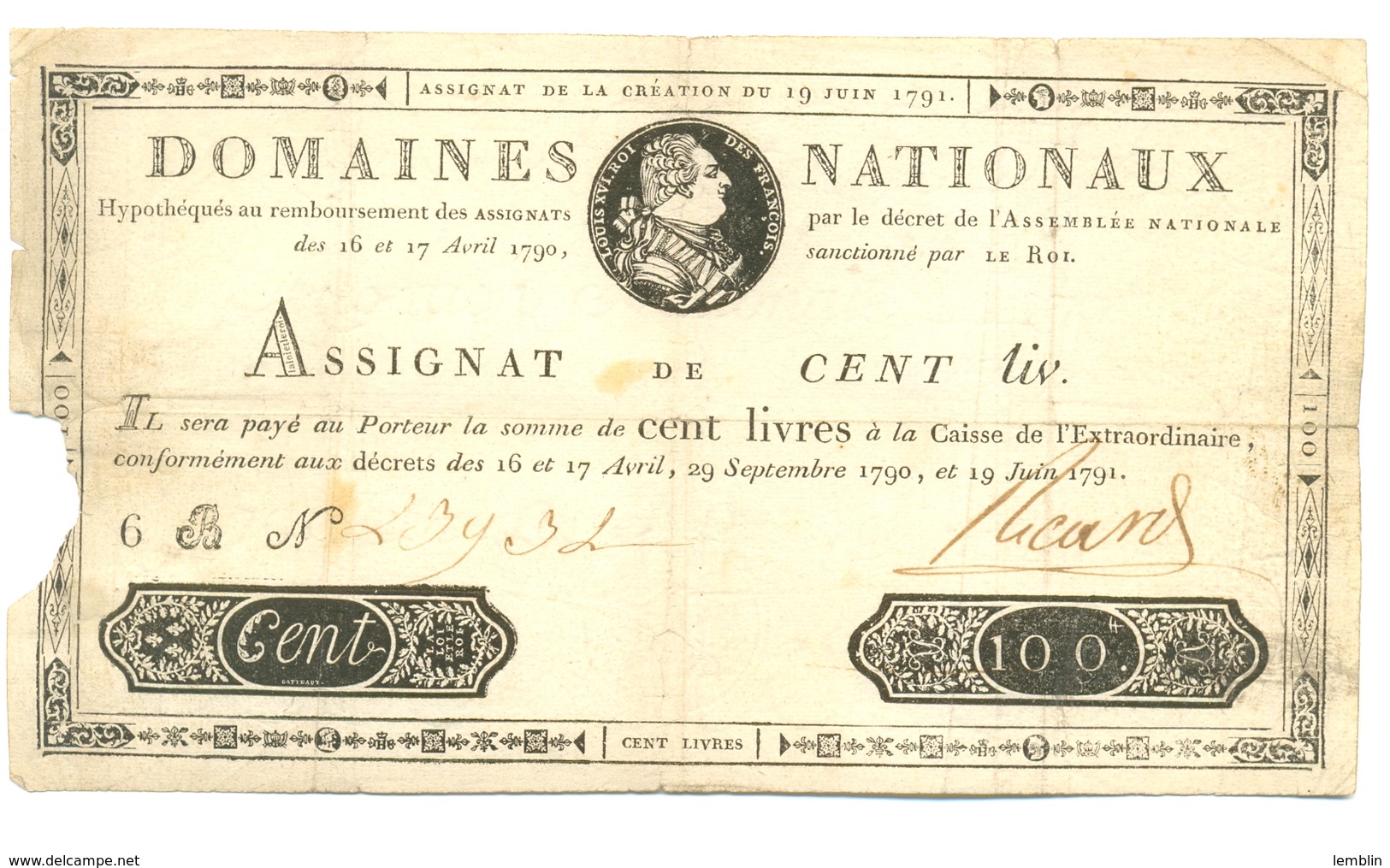 ASSIGNAT ROYAL DE 100 LIVRES 19 JUILLET 1791 - Assignats & Mandats Territoriaux