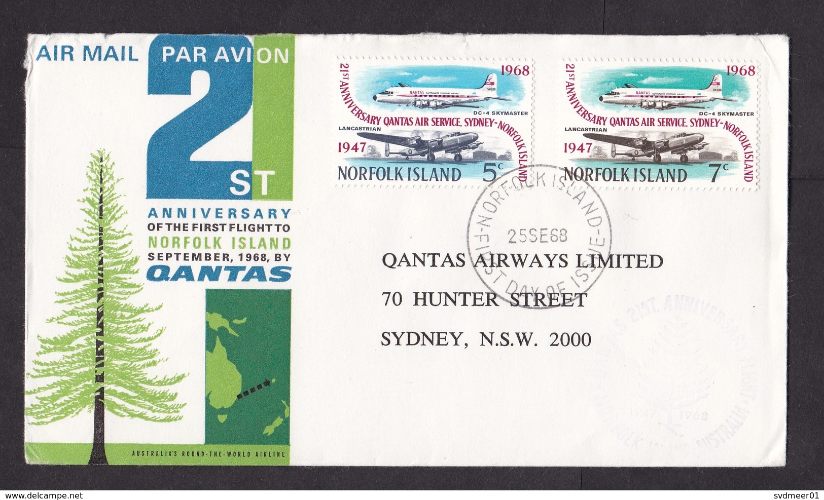 Norfolk Island: FDC First Day Cover To Australia, 1968, 2 Stamps, Qantas Airplane Flight (minor Damage, See Scan) - Norfolk Eiland