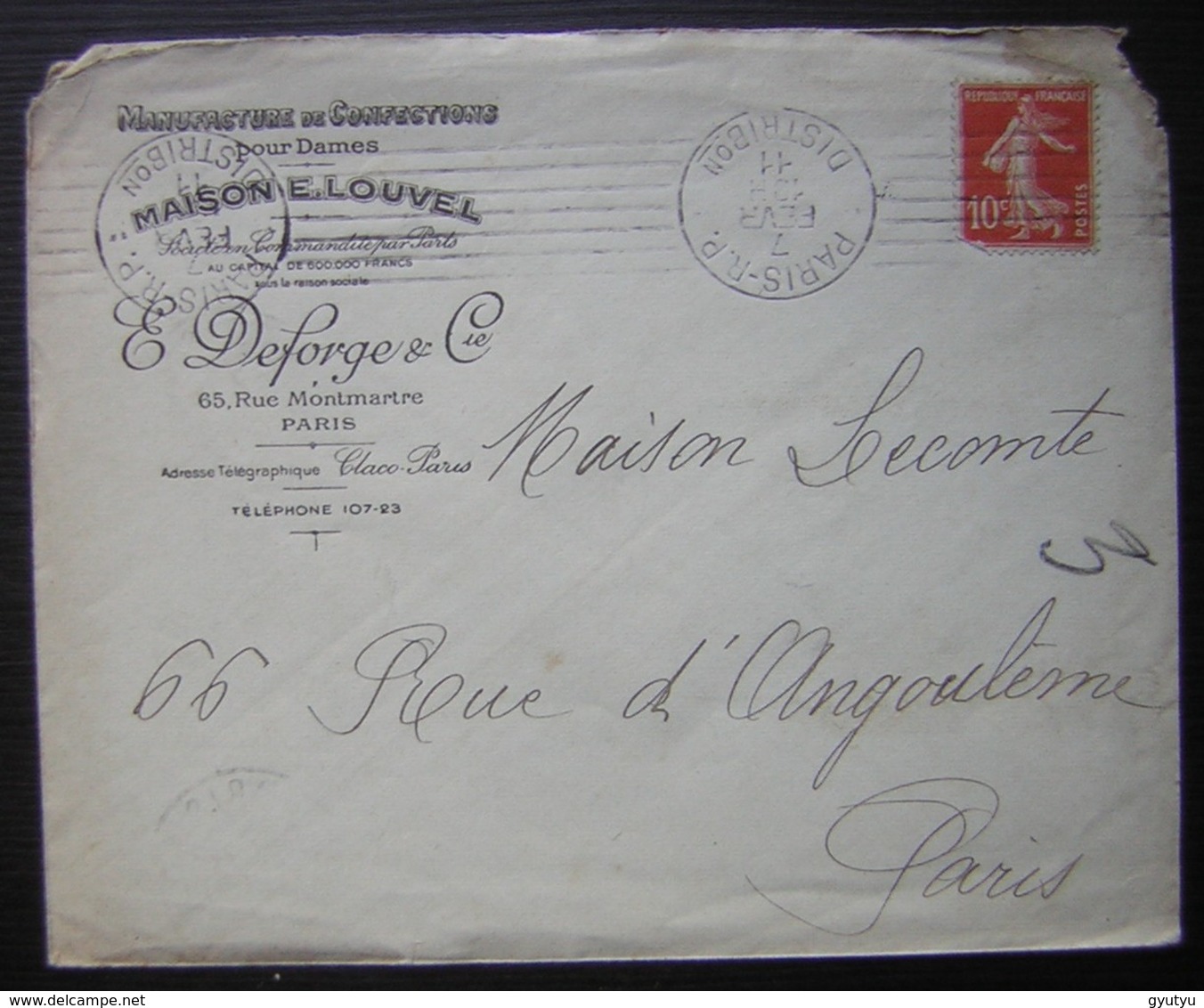 1911 Maison E. Louvel Manufacture De Confections Pour Dames  E Deforge & Cie 65 Rue Montmartre Paris - 1877-1920: Période Semi Moderne