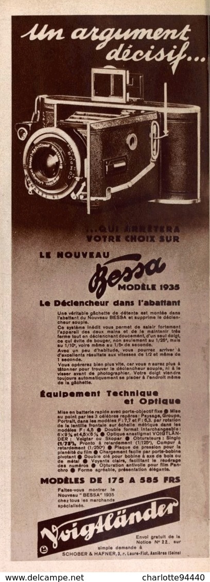 PUB  APPAREIL PHOTOGRAPHIQUE  ( BESSA ) " VOIGTLANDER "   1935 - Appareils Photo