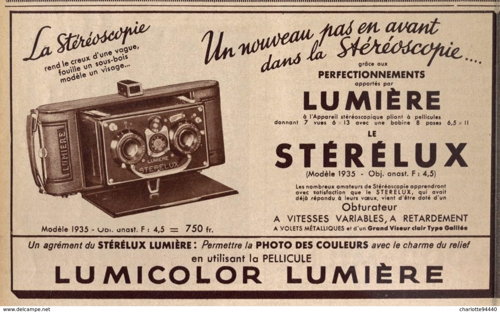 PUB  APPAREIL STEREOSCOPIQUE ( LE STERELUX ) " LUMIERE "   1935 - Fotoapparate