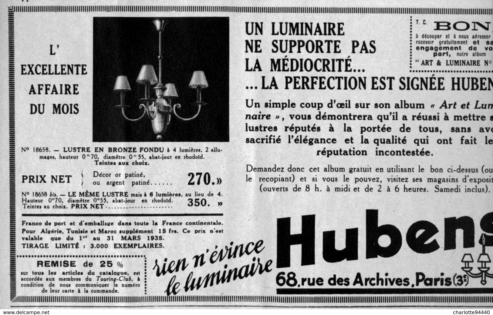 PUB  LUMINAIRES LUSTRES  "ART DECO " " HUBENS "   1935 ( 22 ) - Luminaires & Lustres